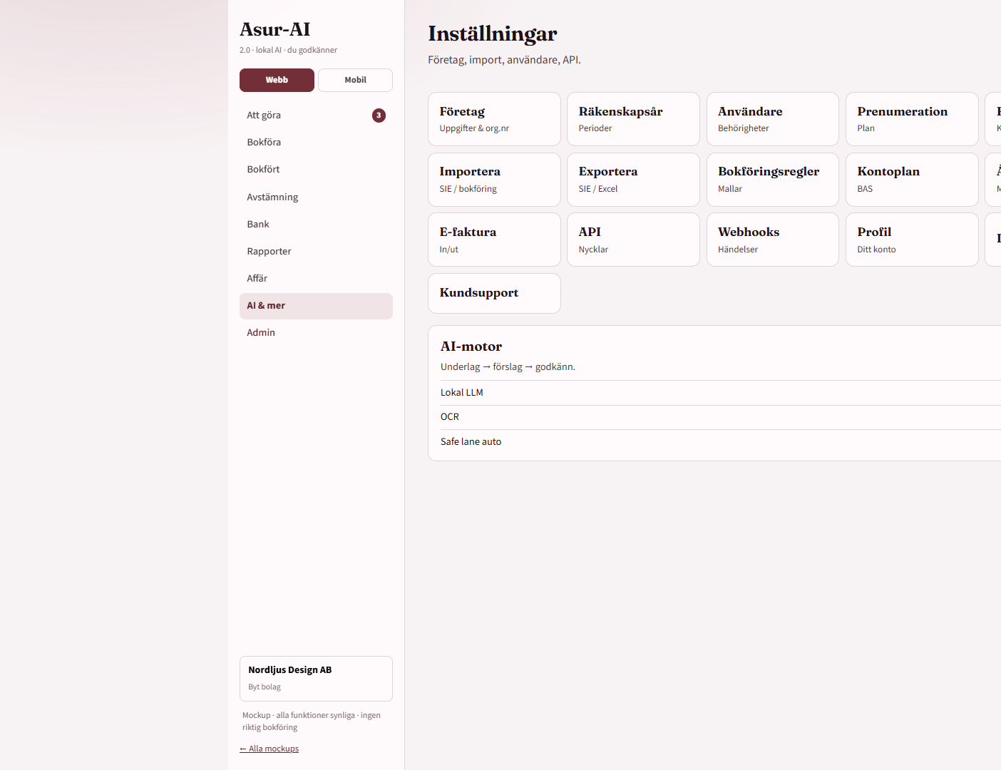 Asur-AI Inställningar – företag, räkenskapsår, kontoplan och import