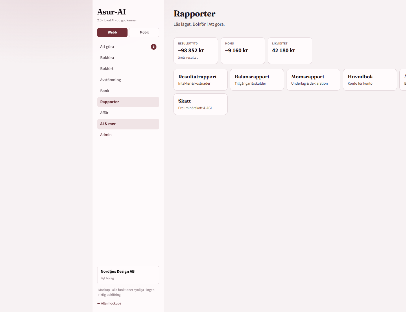 Asur-AI Rapporter – resultat, balans, moms och huvudbok